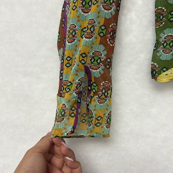 ZARA Zodiac Multicolor Printed Boho Blouse Shirt Bow Tie Sz M Crystal Drops - Picture 7 of 13